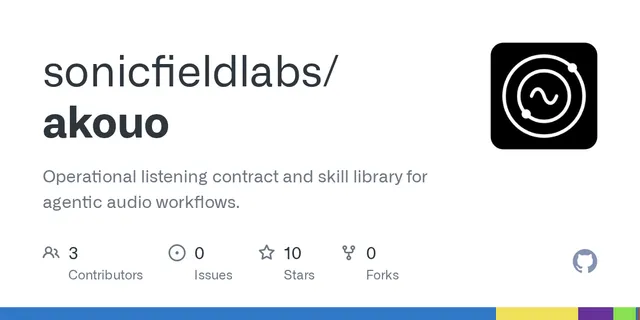 La ficha del repositorio akouo en GitHub, con su descripción y la marca de Sonic Field Labs