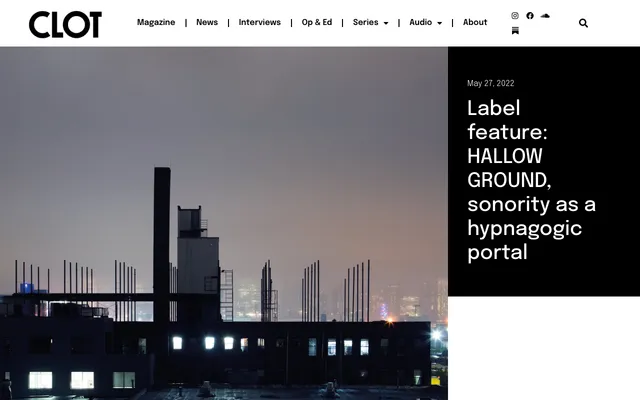 Artículo de CLOT sobre Hallow Ground: un horizonte industrial al atardecer junto al título
