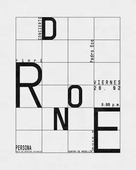 Cartel de Concierto drone: letras negras grandes que forman DRONE sobre una cuadrícula, con fecha y lugar, Persona