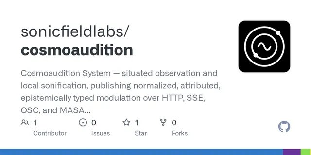 La ficha del repositorio cosmoaudition en GitHub, con su descripción y la marca de Sonic Field Labs