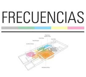 Afiche Frecuencias: un plano de planta de colores de las salas de exposición