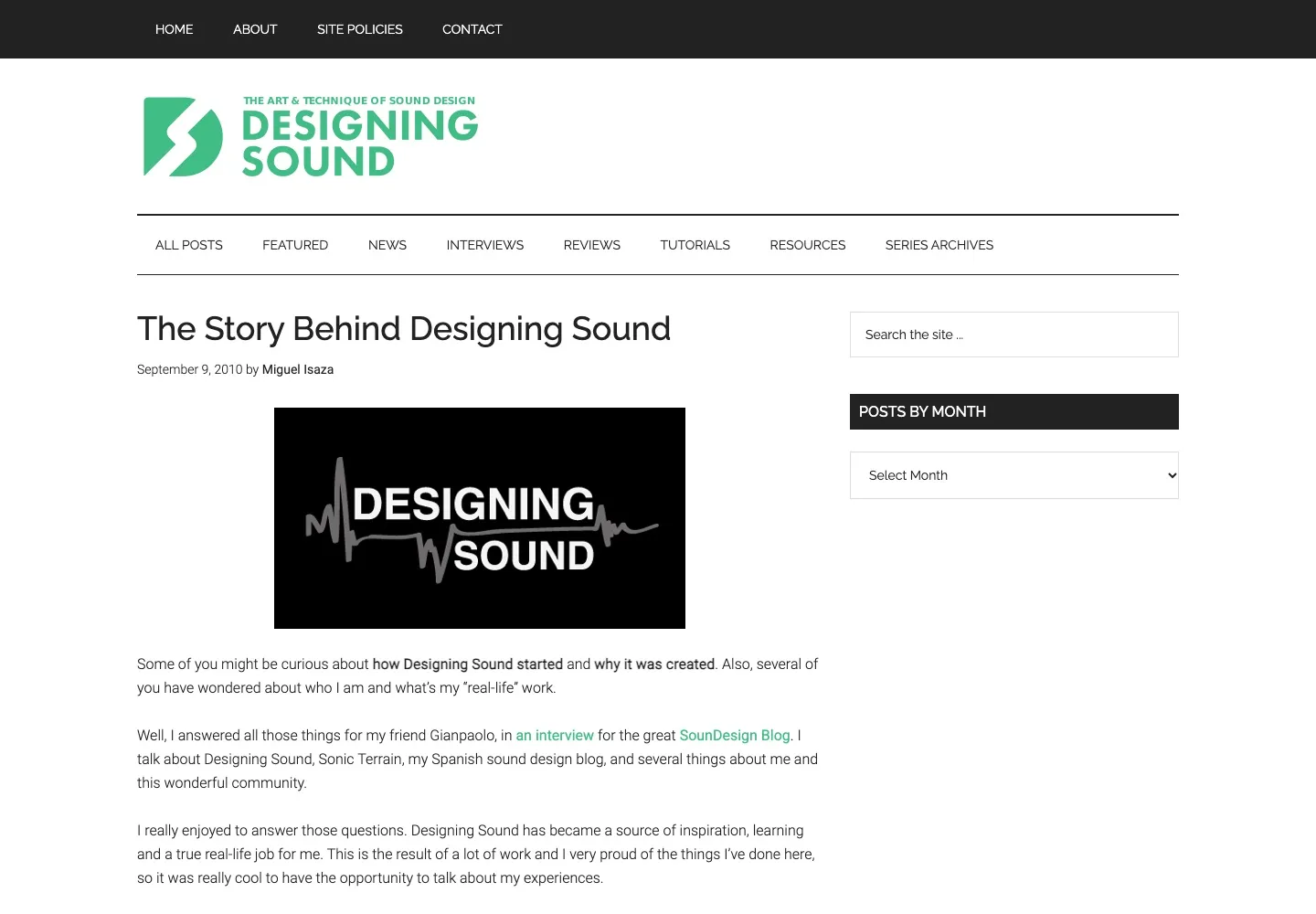 Entrada de Designing Sound titulada The Story Behind Designing Sound, fechada el 9 de septiembre de 2010, bajo el logotipo verde del sitio.