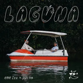 Portada de laguna: dos personas en un bote de pedales rojo sobre agua oscura, bajo un título dibujado a mano