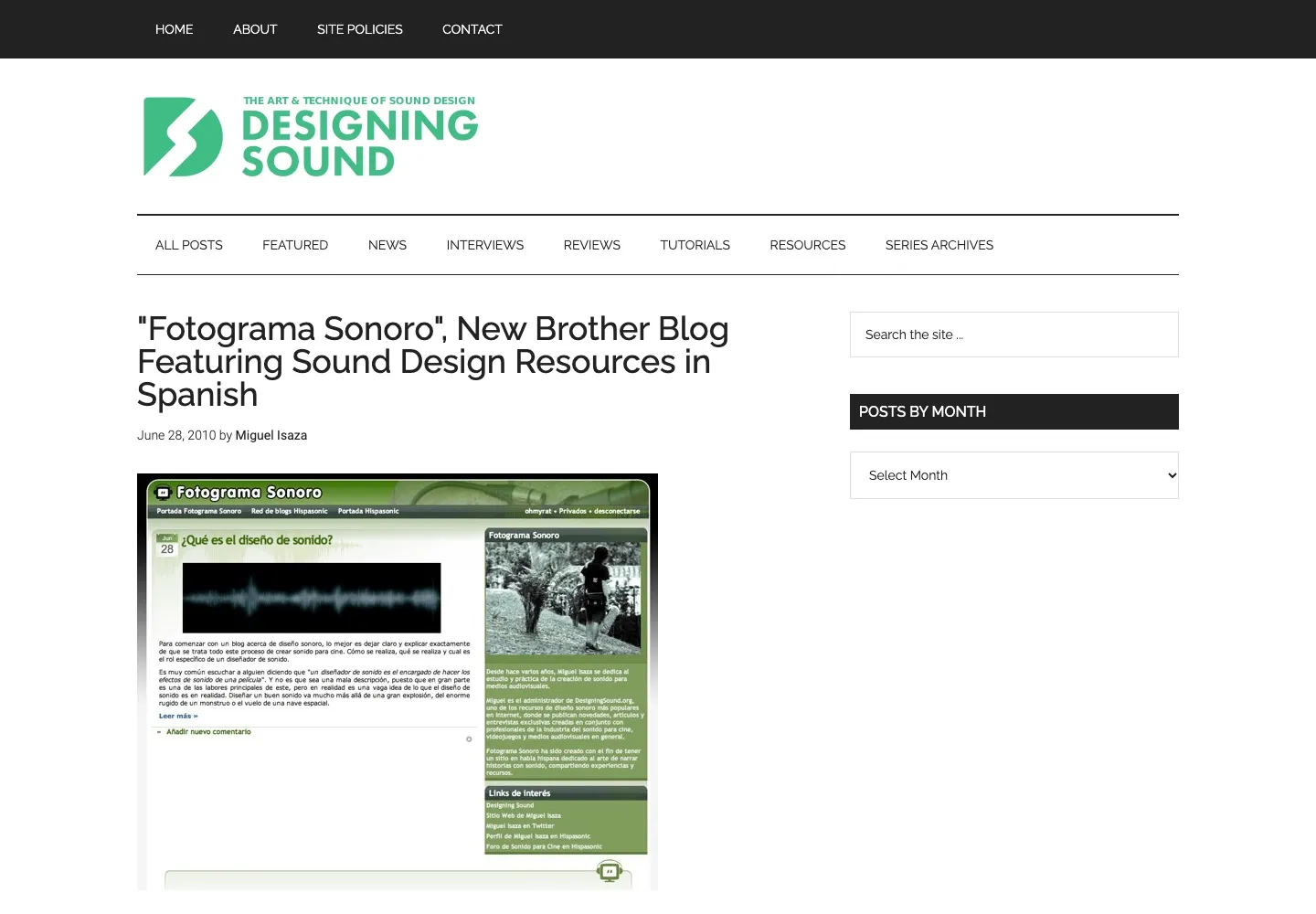 Una entrada de Designing Sound de 2010 que anuncia Fotograma Sonoro, con una captura del blog original en español, de color verde.