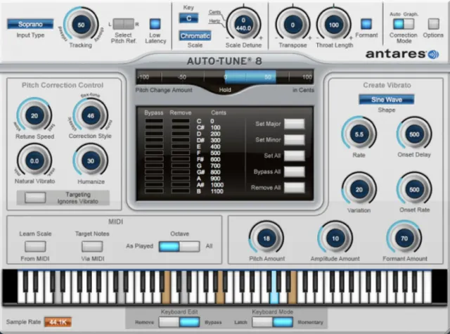 Interfaz del complemento Auto-Tune, con controles de tono sobre un teclado