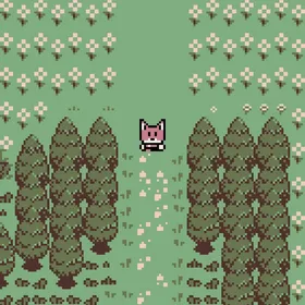 Cubierta de nimbo: un gato de arte de píxeles entre filas de árboles de píxeles
