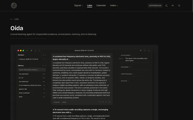 La página de Oída en Sonic Field Labs, con su tablero de eventos de escucha