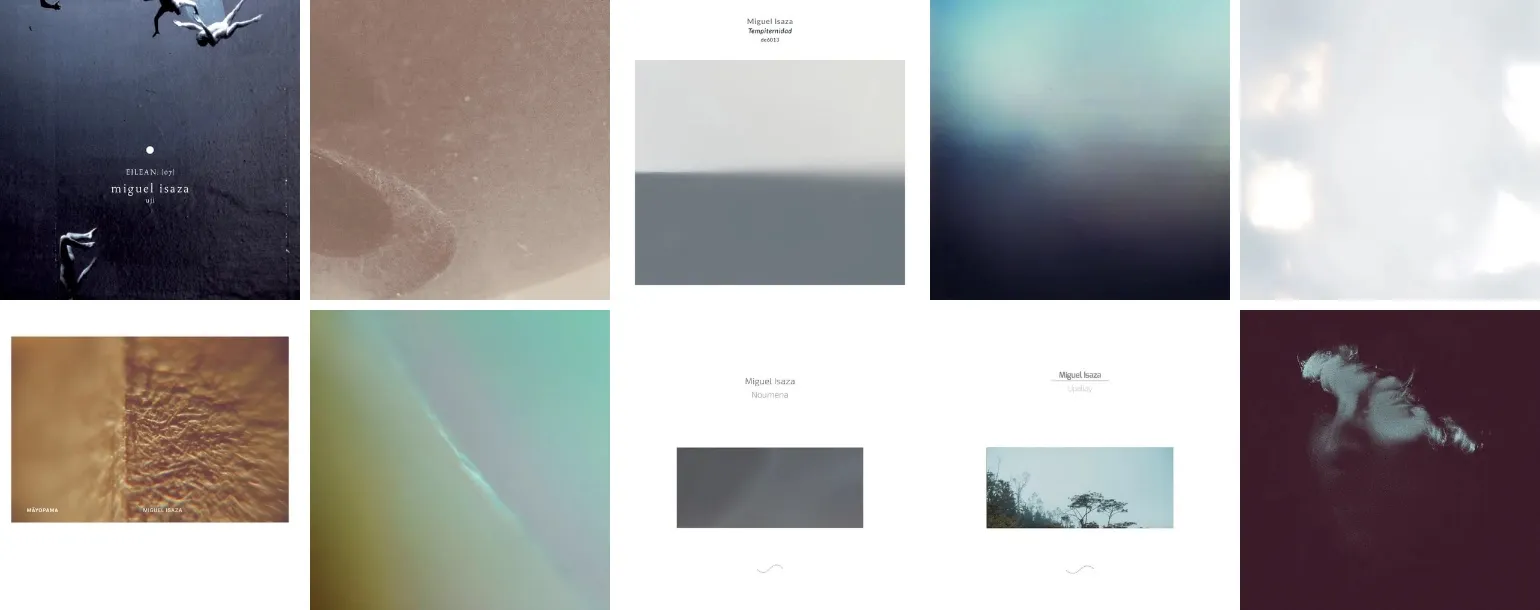 Diez portadas cuadradas en dos filas: fotografías abstractas en tonos grises, azules, arena y turquesa, algunas con títulos pequeños en tipografía serif.