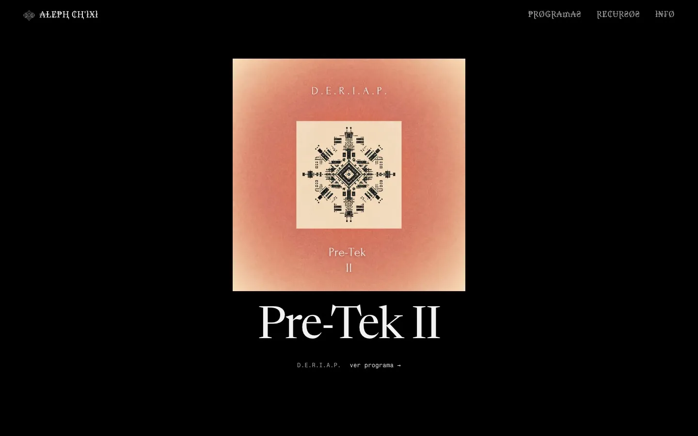Página de inicio de aleph::ch’ixi: la portada de Pre-Tek II, un cuadrado coral con un patrón ornamental, sobre el título en tipografía serif grande.