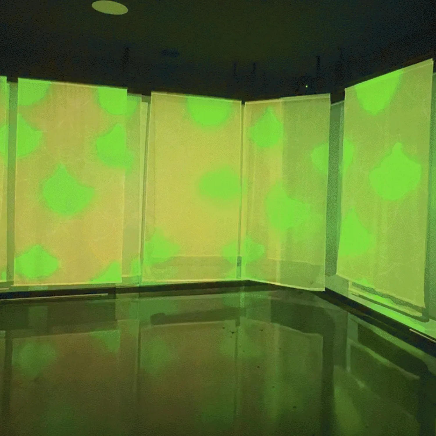 Una habitación forrada con paneles colgantes translúcidos iluminados en proyecciones amarillas y verdes, reflejadas en un suelo brillante.