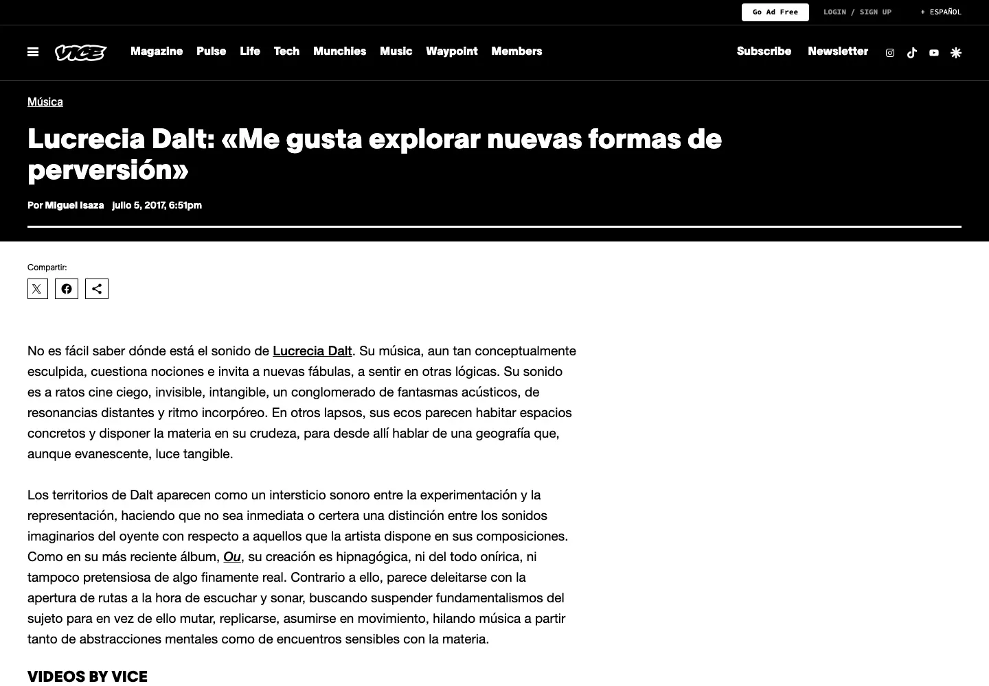 Artículo de VICE en español titulado Lucrecia Dalt: Me gusta explorar nuevas formas de perversión, fechado el 5 de julio de 2017.